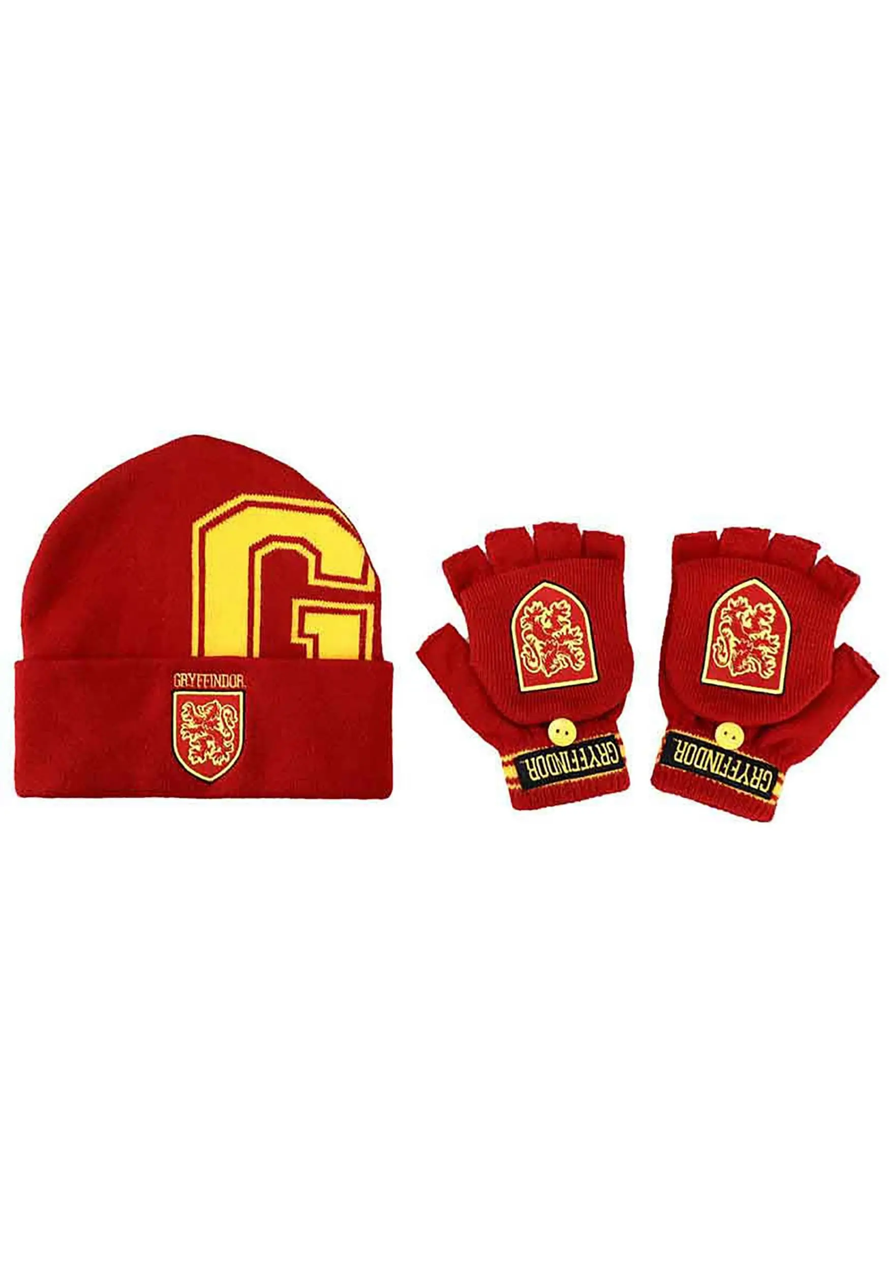 Harry Potter Gryffindor Beanie & Fingerless Gloves With Mitten Flap Set 3 Harry Potter Gryffindor Beanie & Fingerless Gloves With Mitten Flap Set